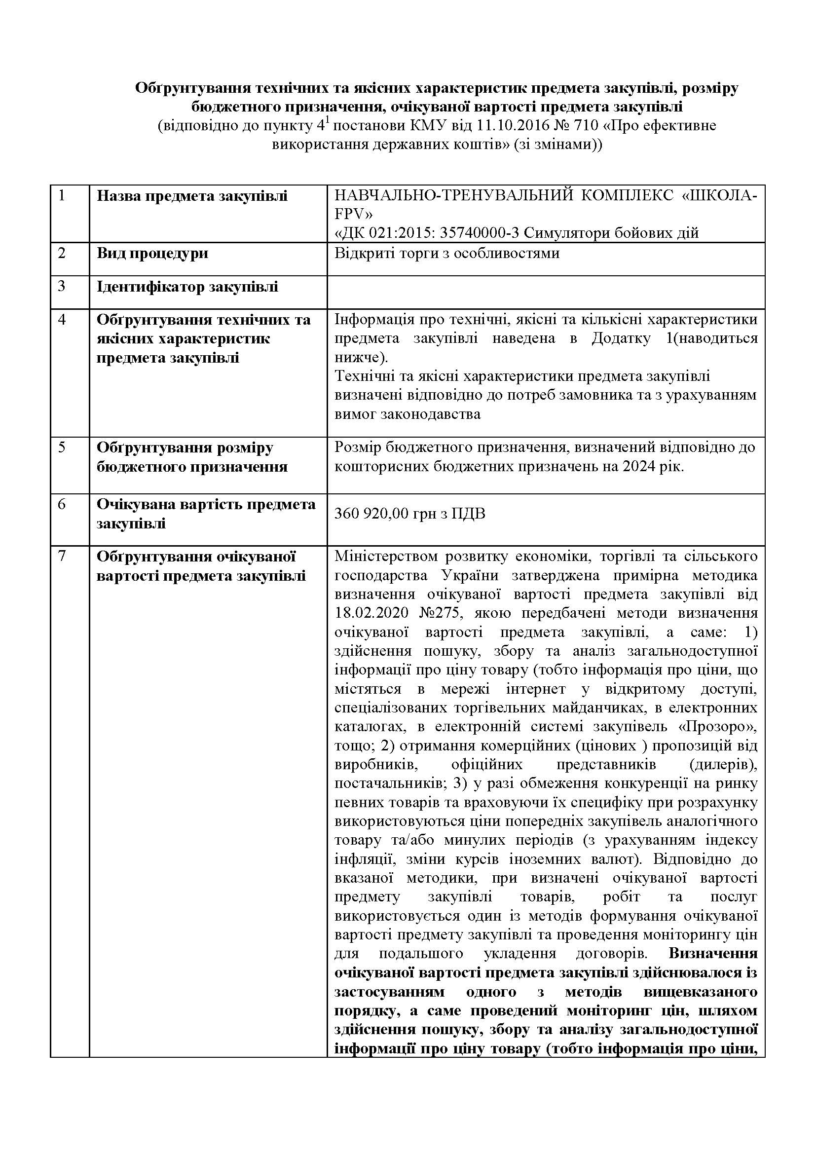Обґрунтування технічних та якісних характеристик предмета закупівлі
